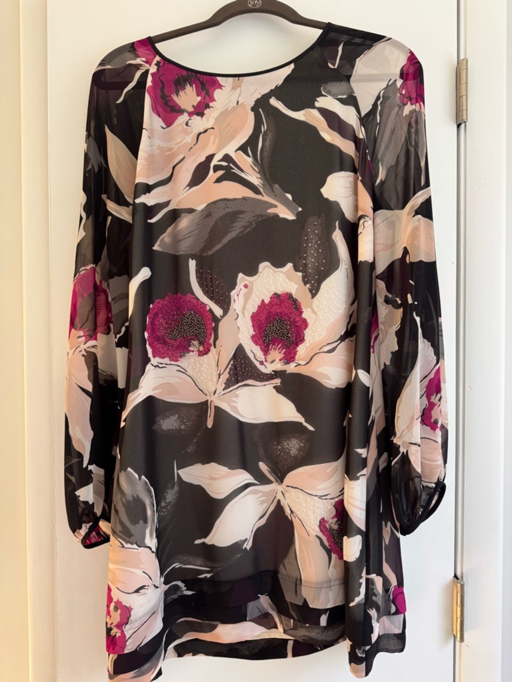 Ted Baker Orchid Floral Long-Sleeve Chiffon mini Dress tunic with Pink Accents